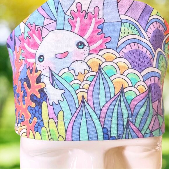 Axolotls and Crystals PREMIUM Euro Scrub Cap~ Unisex Nurse Cap, Scrub Hat, Scrub - Picture 3 of 4